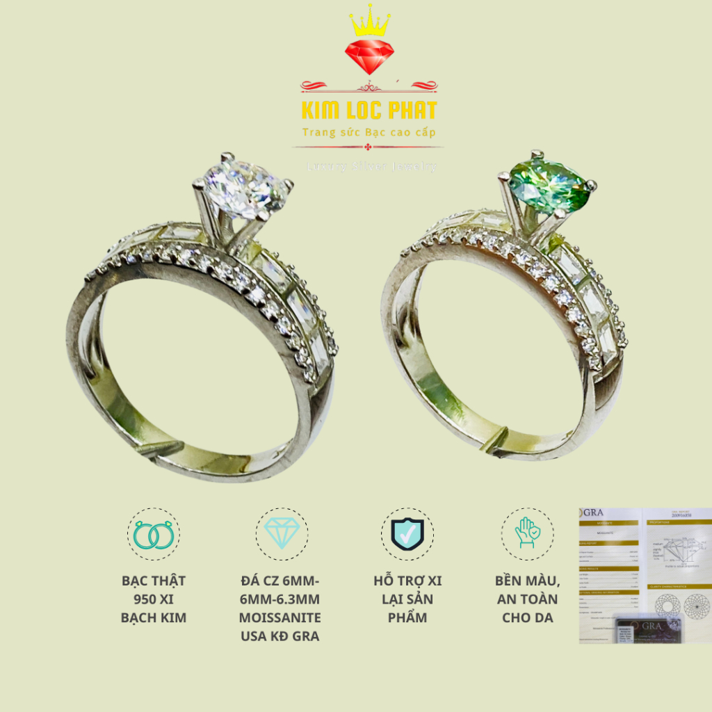 Nhẫn Moissanite màu trắng kiểu đai khía baguet chủ 6.3mm, Nhẫn bạc nữ xi bạch kim, Nhẫn kim cương nh