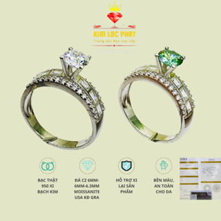 Nhẫn Moissanite màu trắng kiểu đai khía baguet chủ 6.3mm, Nhẫn bạc nữ xi bạch kim, Nhẫn kim cương nhân tạo moissanite