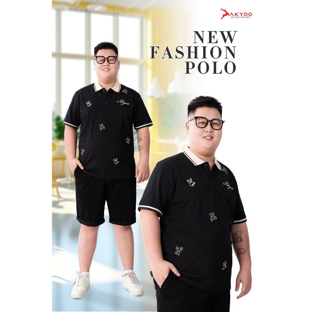 Áo thun POLO Nam Bigsize 80-140kg AKYOO Cao Cấp Cotton Co Giãn, Thâm Hút Mồ Hôi, Áo Polo Bigsize - PL DEN V TAY