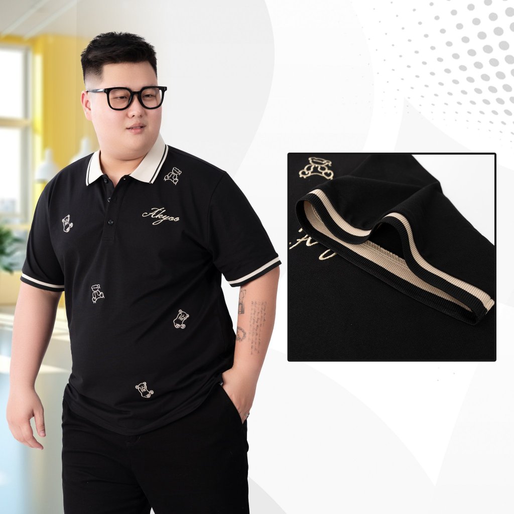 Áo thun POLO Nam Bigsize 80-140kg AKYOO Cao Cấp Cotton Co Giãn, Thâm Hút Mồ Hôi, Áo Polo Bigsize - PL DEN V TAY