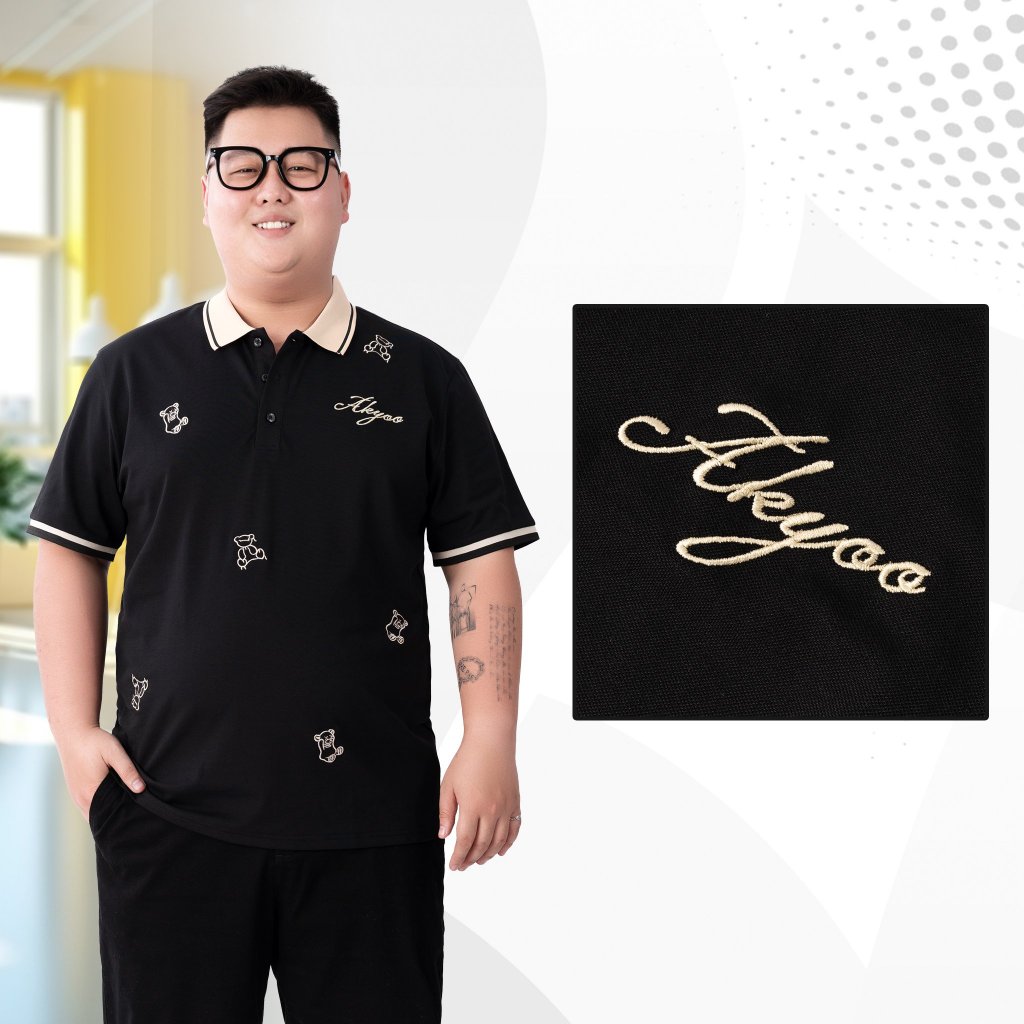 Áo thun POLO Nam Bigsize 80-140kg AKYOO Cao Cấp Cotton Co Giãn, Thâm Hút Mồ Hôi, Áo Polo Bigsize - PL DEN V TAY