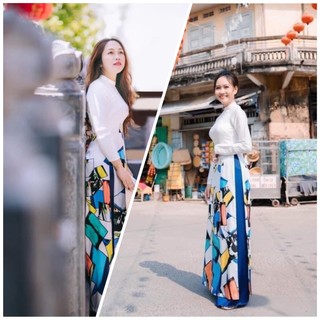 Áo dài trắng in 3d họa tiết khối lập thể