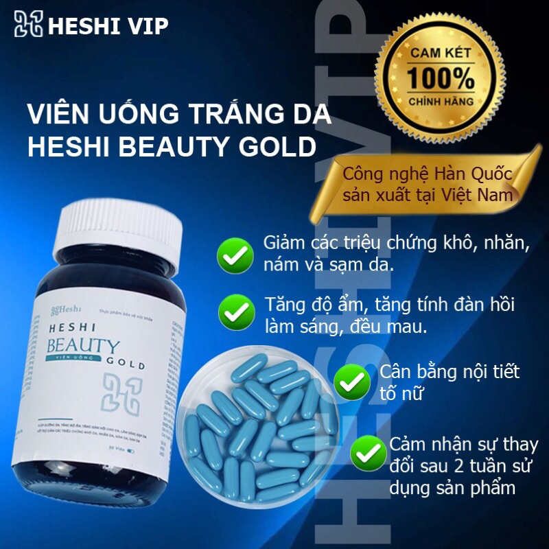 Viên uống kích trắng da Heshi Beauty Gold hộp 30V bổ sung collagen, tăng cường nội tiết tố