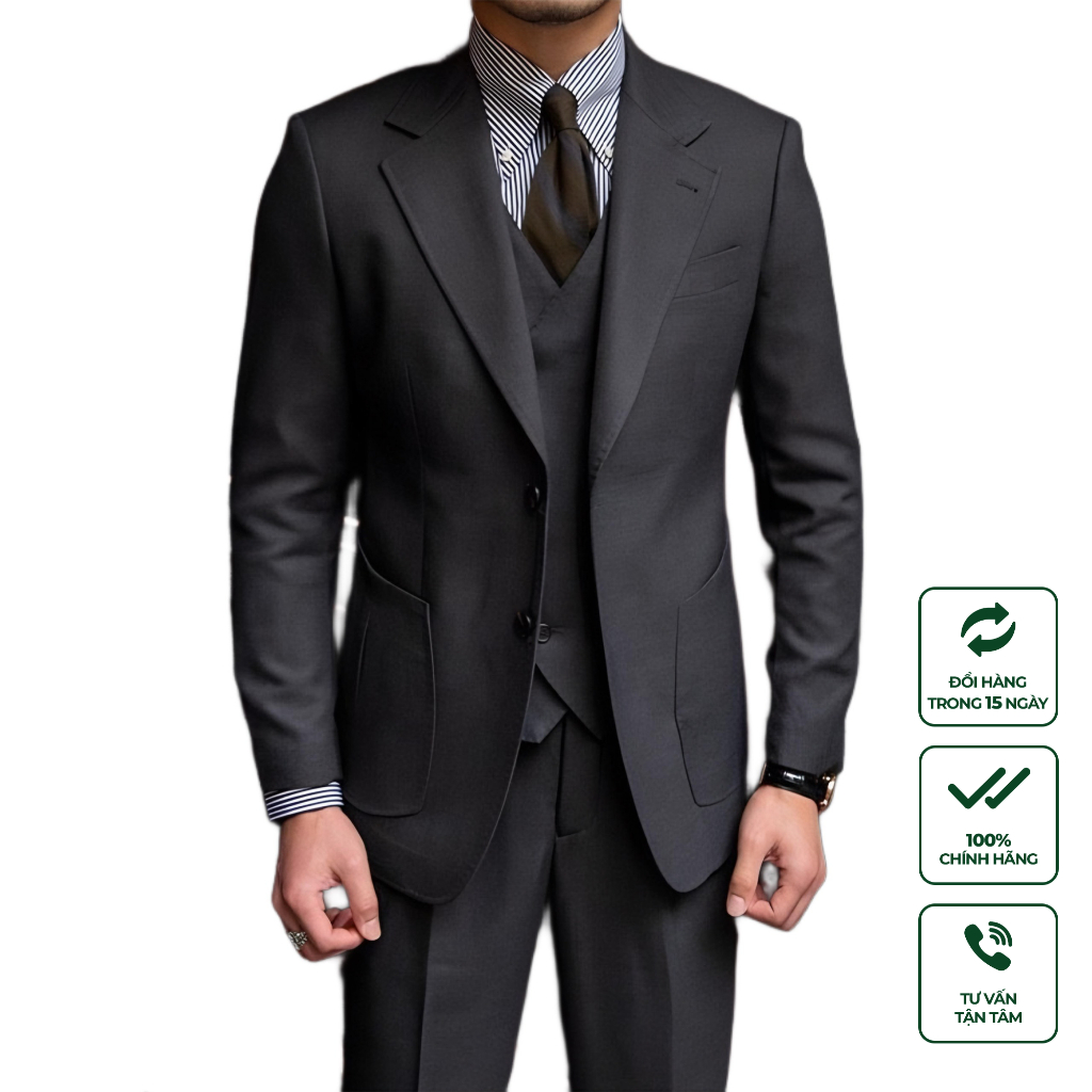 [HCM] Bộ Suit 3 Mảnh Nam Cao Cấp Harold Black Lead (Suit Jacket + Gile + Quần) Vest Công Sở Chống Nhăn, Formal, Bền Bỉ