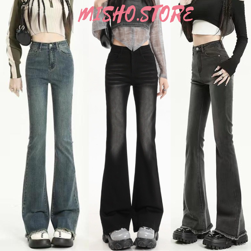Quần jeans nữ ống loe co giãn, quần bò jean nữ màu rêu ống đứng rộng suông CẠP CAO cao cấp Hottrend 2023 MISHO T023