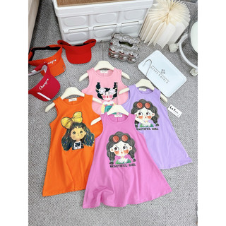 Váy bé gái, váy cotton sát nách dáng suông chữ A họa tiết cô gái tóc xù size bé 10-30kg