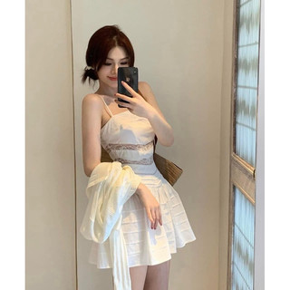 ĐẦM TRẮNG 2S VIỀN REN HOA KÈM ÁO KHOÁC CROPTOP