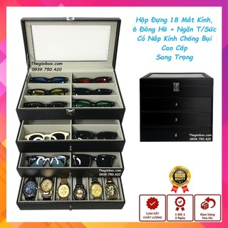 Hộp Tủ Đựng 18 Mắt Kính 6 Đồng Hồ & Trang Sức - 4 Tầng Vỏ Da Carbon - Hộp Đựng Mắt Kính Và Đồng Hồ Nhiều Ngăn Cao Cấp
