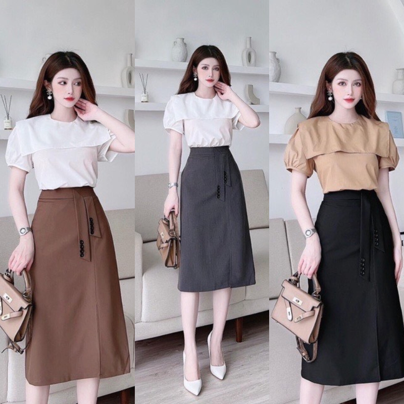 Chân váy chữ A công sở xẻ trước kèm nơ phối cúc dài 65cm, Mã CV32