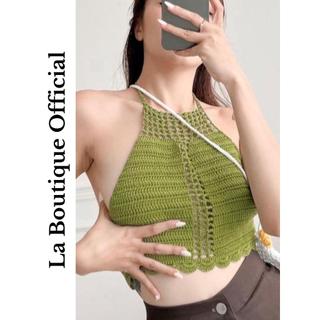 Áo yếm croptop len La Boutique đan thủ công sợi cotton hở lưng gợi cảm du lịch