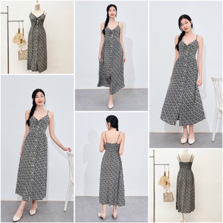 Đầm 2 đây chun lưng cúc gỗ phối nơ ngực TIMMING xuất dư vnxk