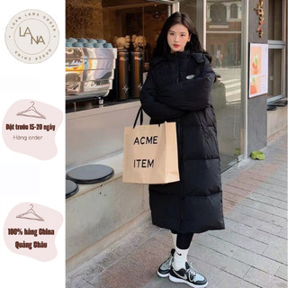 Áo khoác phao dáng dài mũ to điểm logo
