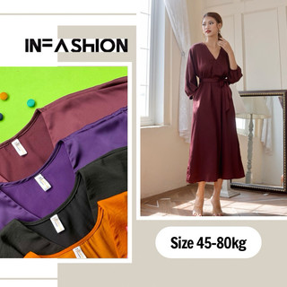 Đầm midi lụa tay liền dài cổ V có size lớn Infashion
