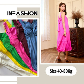 Đầm midi lụa đuôi cá dáng suông nơ lưng cách điệu 2 lớp Infashion