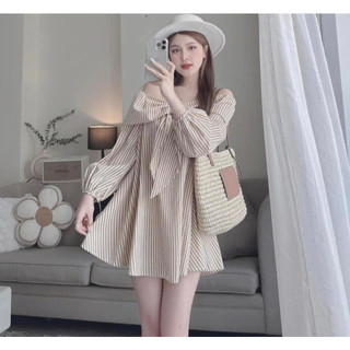 🎀Sét áo sọc kẻ trễ vai nơ ngực
