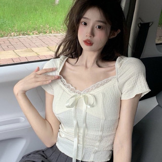 Áo kiểu cổ vuông phối ren đính nơ chất thun sóng boong store h8888