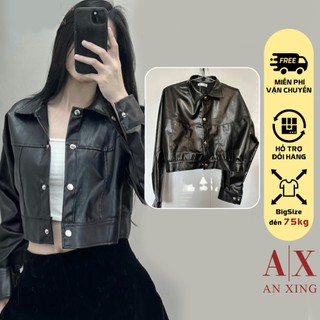 An Xing_Áo Da Croptop Nữ Dài Tay, Áo Khoác Da Cúc Bấm Phong Cách Trẻ Trung Cá Tính Mẫu Mới 2024