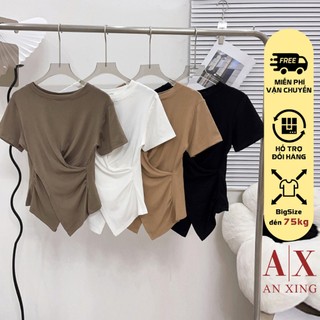 Áo thun nhún eo 2 bên vạt chéo An Xing,ngắn tay phối vạt chéo thun cotton Hàn,kiểu dáng hottrend