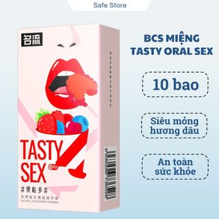 Bao cao su miệng TASTY Oral hương dâu, bcs quan hệ bằng miệng bcs siêu mỏng hộp 10 bao