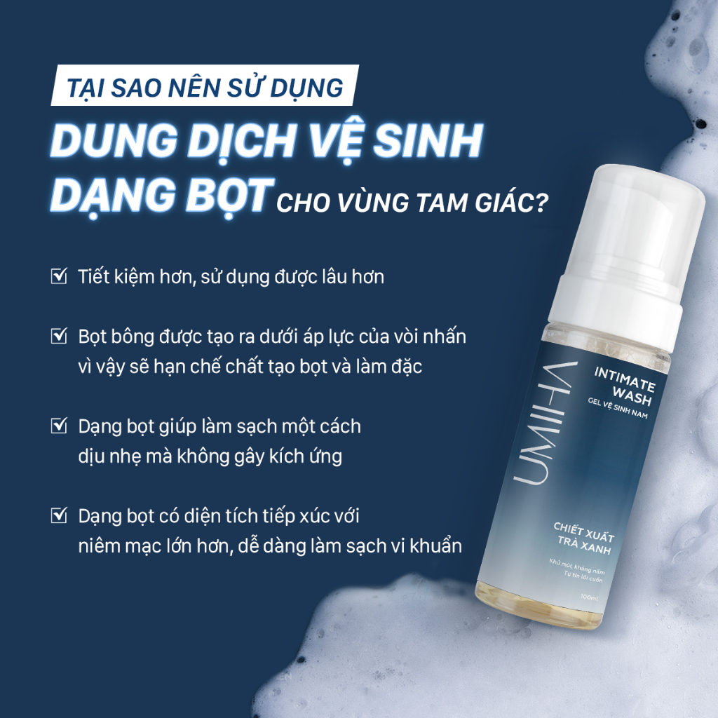 Dung dịch vệ sinh nam UMIHA (100ml) dạng bọt - Ddvs ngăn mùi và vi khuẩn gây viêm ngứa, hương thơm cuốn hút nam tính