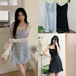 Váy 2 dây hoa nhí nơ vai chun ngực dáng midi ngắn (kèm ảnh thật)