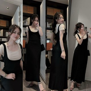 Sét váy body 2s đen kèm áo cộc be