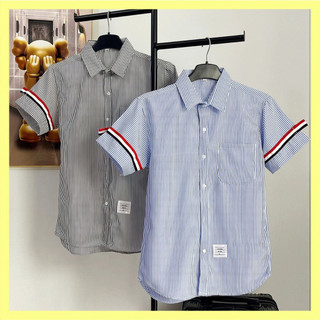 Áo sơ mi kẻ sọc xanh nam tay ngắn viền tay vải cotton thoáng mát mẫu mới cao cấp Menswear
