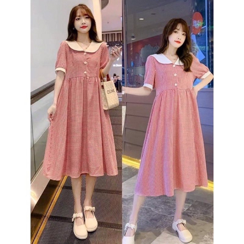 💥sỉ💥váy kẻ đỏ cổ sen-khoá dọc cho con ti