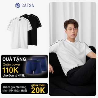 Áo thun trắng đen cổ tròn phối viền vai CATSA form regular chất liệu cotton co giãn thoáng mát 12ATN058