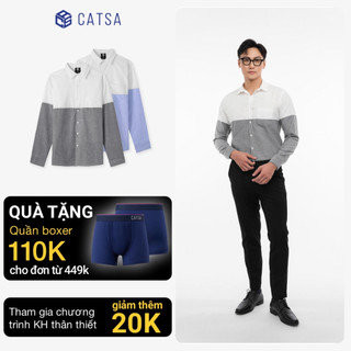 Áo sơ mi tay dài nam trắng phối xanh chất vải kaki mát mịn chống nhăn CATSA  ASC334-377