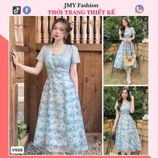 V508 Váy hoa xanh phối áo liền croptop dáng xòe đi biển váy voan hoa nhí xanh nữ tính