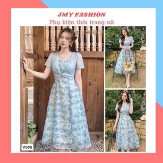 V508 Váy 2 dây xòe hoa xanh phối áo voan croptop đi biển [TH Hà Thanh] đầm xòe hoa xanh midi nữ tính