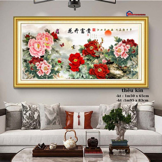 Tranh Thêu kín chữ thập hoa khai phú quý