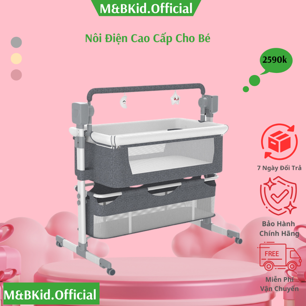 Nôi điện tự động M&B x Mumkid cao cấp tùy chỉnh độ cao, ghép liền giường tặng kèm màn-Bảo hành 3 năm mk035