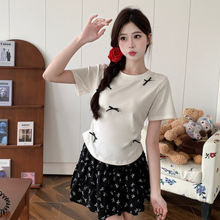 Áo phông nữ ngắn tay đính nơ cổ tròn dáng babytee form rộng basic màu trắng chất cotton 4 chiều hàn quốc DELIZ