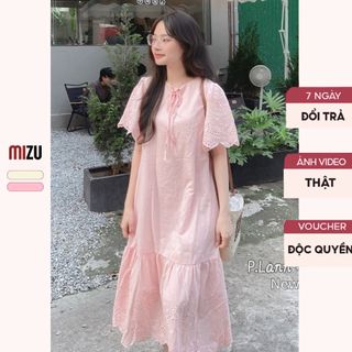 Váy Babydoll Hoa Thêu Cổ Tròn Cộc Tay - MIZU Đầm Midi Có Bigsize Đuôi Cá Vải Boi 2 Lớp Mềm Mát PL