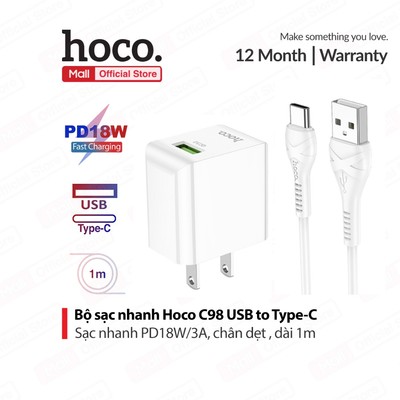 Bộ sạc nhanh USB to Type-C Hoco C98 sạc nhanh PD18W/3A, chân dẹt , dài 1m