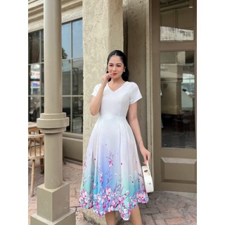 ĐẦM XÒE THIẾT KẾ CỔ V CHÂN VÁY IN HOA 5D - YB240504