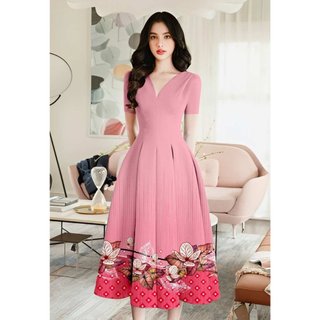 ĐẦM XÒE THIẾT KẾ CỔ V CHÂN VÁY IN HOA 5D - YB240505