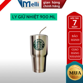 Ly giữ nhiệt starbuck 900ml có logo MELLI nắp chống tràn phụ kiện gồm 2 ống hút tái sử dụng cọ rửa và túi đựng praktis