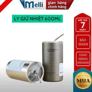 Ly giữ nhiệt americano 600 ml MELLI inox 304 đúc liền khối Cốc giữ nhiệt có nắp ngăn rò rỉ đính kèm ống hút tiện lợi