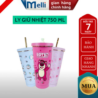 Ly giữ nhiệt gấu dâu lotso 750ml MELLI bình giữ nhiệt inox 304 kèm ống hút cọ vệ sinh và túi đựng tiện lợi