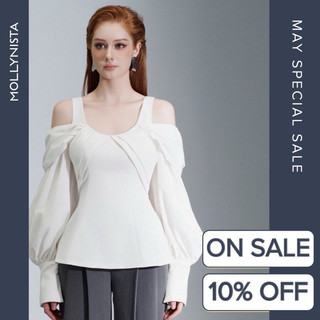 MOLLYNISTA (CHÍNH HÃNG) Áo thiết kế trắng xếp ly ngực trễ vai tay dài thanh lịch nữ tính thiết kế cao cấp tôn dáng