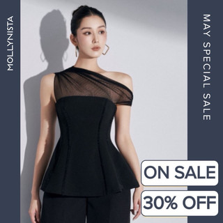 MOLLYNISTA (CHÍNH HÃNG) Áo thiết kế peplum phối lưới lệch vai quyến rũ thanh lịch nữ tính cao cấp đi chơi đi tiệc