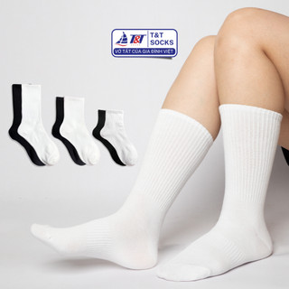 Vớ Tất Nam Nữ Trơn Bo Chun Nhiều Kích Thước Sọc Gân Unisex T&T SOCKS Khử Mùi Hôi Chân Thấm Hút 2 Màu Trắng Đen