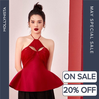 MOLLYNISTA (CHÍNH HÃNG) Áo thiết kế cổ yếm kiểu nhún cut out thanh lịch truyền thống nữ tính cao cấp tôn dáng