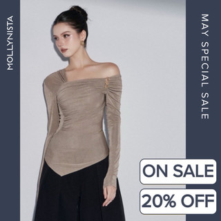 MOLLYNISTA (CHÍNH HÃNG) Áo thiết kế thun tay dài nút đính trễ vai quyến rũ thanh lịch nữ tính cao cấp đi chơi đi tiệc