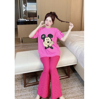 Bộ đồ nữ cotton tay cộc kèm quần caro thô dáng suông  freesize 45-65kg - Chun's sleepwear