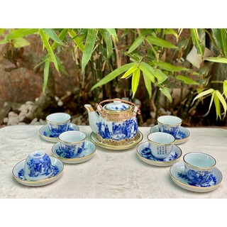 Ấm chén Bát Tràng dáng vuốt men lam bọc đồng vẽ hình trúc lâm thất hiền dung tích 600ml