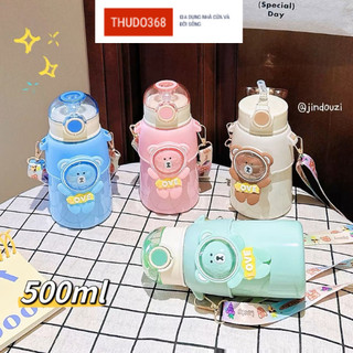 Bình giữ nhiệt inox 316 hình gấu mini - bình giữ nhiệt 500ml ống hút silicon đế chống trượt